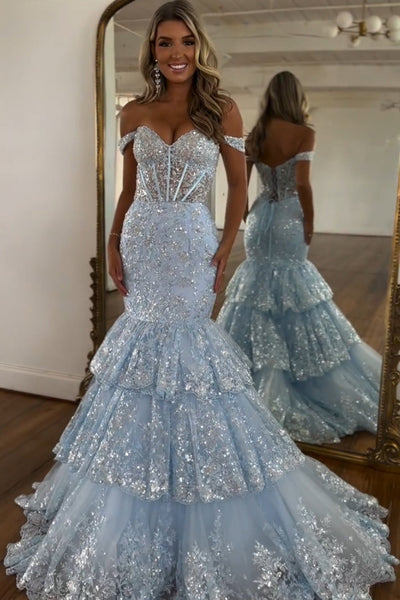 Women Sparkly Light Blue Prom Dress Tulle Mermaid Off the Shoulder Corset Ruffles Long Formal Dress with Sequined