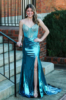 Load image into Gallery viewer, Sparkly Peacock Blue Beaded Strapless Long Corset Prom Dress with Slit