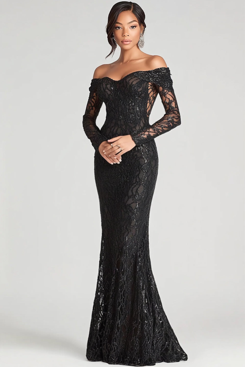 Women Sparkly Black Lace Long Formal Dress with Long Sleeves Mermaid Off the Shoulder Floor Length Prom Dress