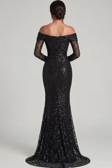 Sparkly Black Long Sleeves Mermaid Long Formal Dress with Lace