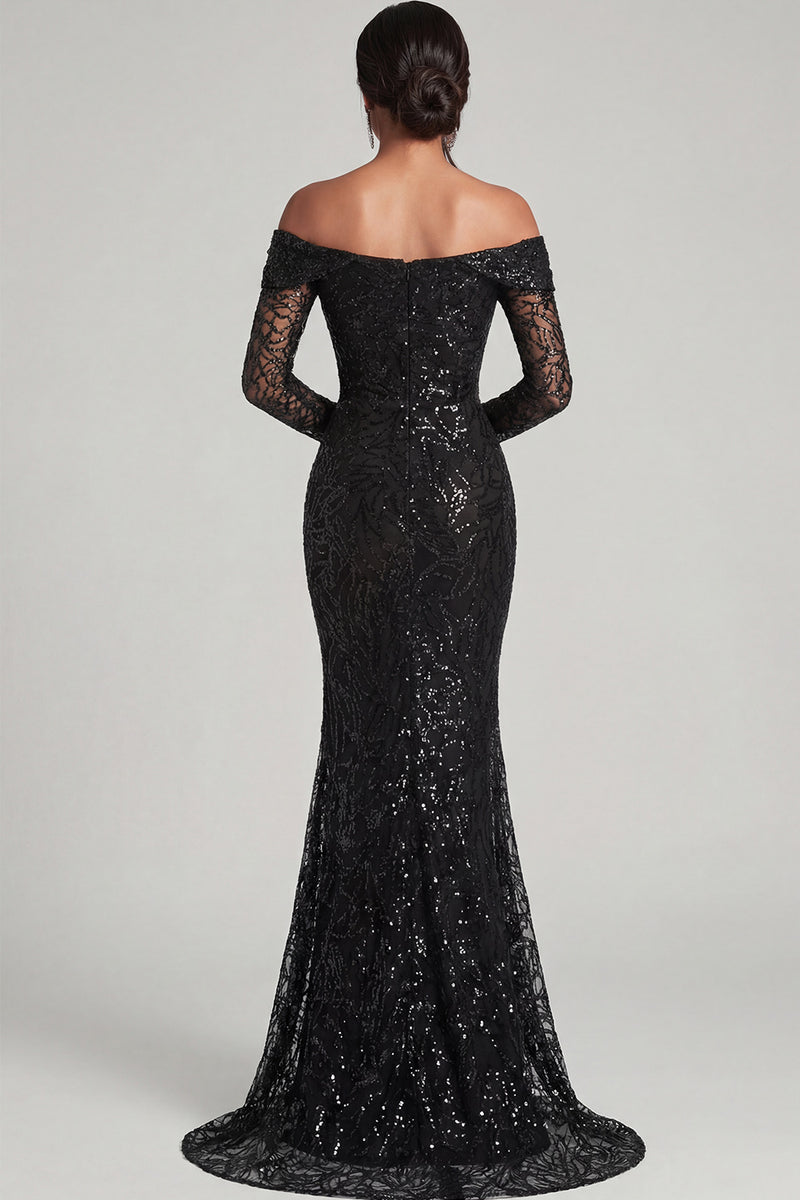 Load image into Gallery viewer, Sparkly Black Long Sleeves Mermaid Long Formal Dress with Lace
