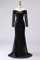 Load image into Gallery viewer, Sparkly Black Long Sleeves Mermaid Long Formal Dress with Lace