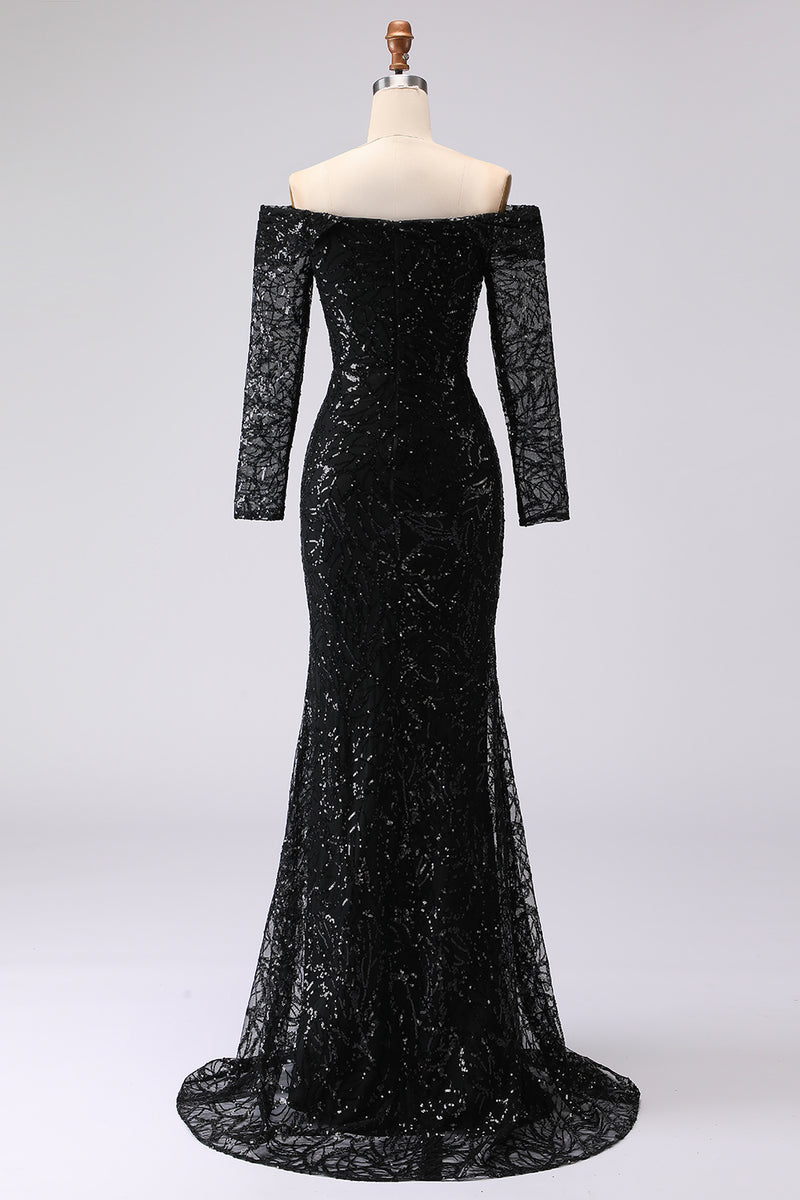 Load image into Gallery viewer, Sparkly Black Long Sleeves Mermaid Long Formal Dress with Lace