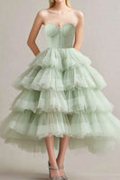 Load image into Gallery viewer, Women Sage Tulle Formal Dress Ball Gown Sweetheart Tiered Tea Length Long Prom Dress
