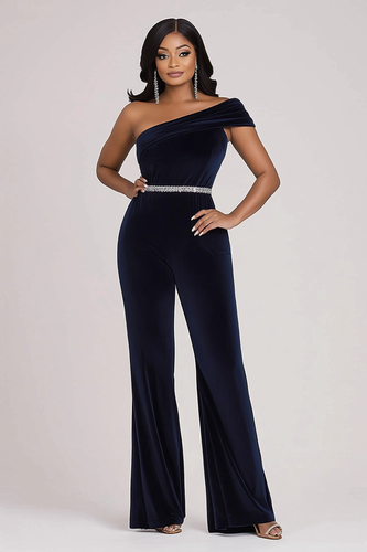 Navy Velvet One Shoulder Beaded Prom Jumpsuit