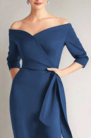 Load image into Gallery viewer, Elegant Navy Off the Shoulder Mother of the Bride Dress