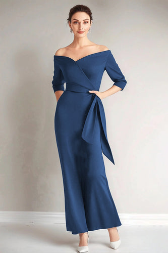 Elegant Navy Off the Shoulder Mother of the Bride Dress
