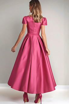 Fuchsia A Line Puff Sleeves Satin Mother of the Bride Dress