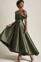 Load image into Gallery viewer, Women Elegant Olive Satin Mother of the Bride Dress Off the Shoulder Asymmetrical A Line Wedding Guest Dress