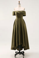 Load image into Gallery viewer, Olive Off the Shoulder Asymmetrical Satin Mother of the Bride Dress