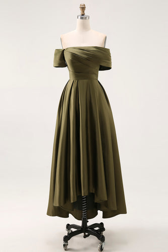 Off the Shoulder Olive Asymmetrical Satin Mother of the Bride Dress