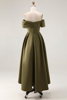 Off the Shoulder Olive Asymmetrical Satin Mother of the Bride Dress
