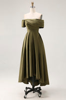 Load image into Gallery viewer, Off the Shoulder Olive Asymmetrical Satin Mother of the Bride Dress