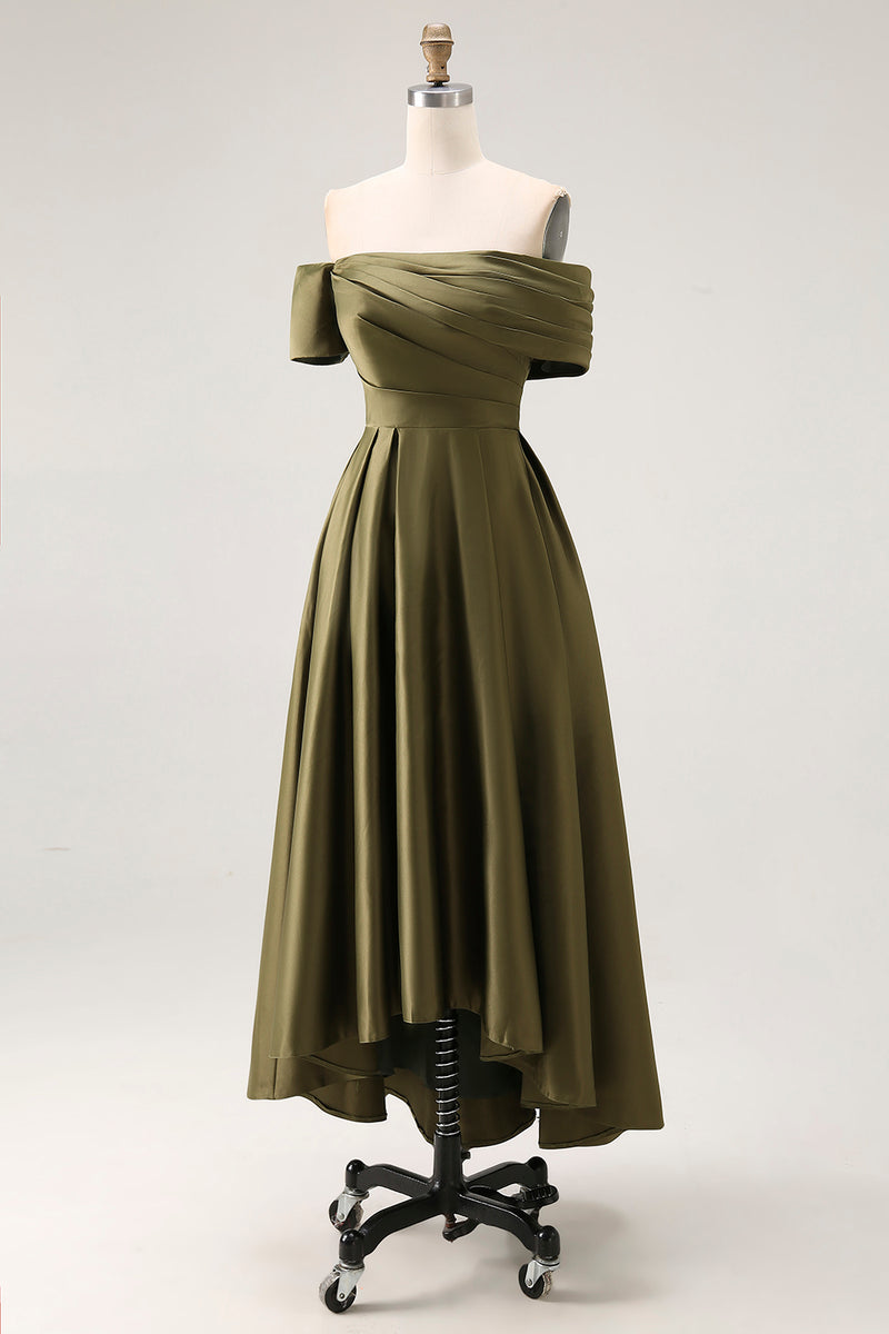 Load image into Gallery viewer, Off the Shoulder Olive Asymmetrical Satin Mother of the Bride Dress