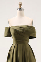 Load image into Gallery viewer, Off the Shoulder Olive Asymmetrical Satin Mother of the Bride Dress
