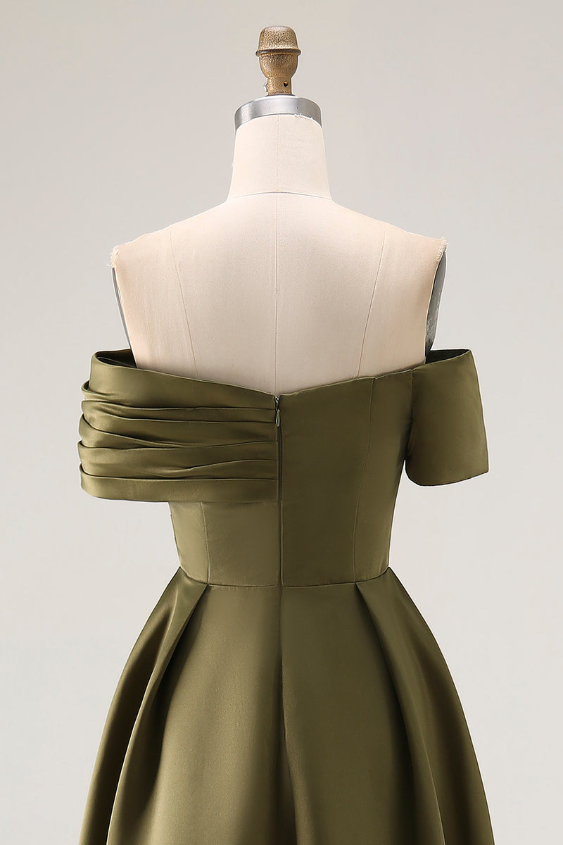 Load image into Gallery viewer, Off the Shoulder Olive Asymmetrical Satin Mother of the Bride Dress