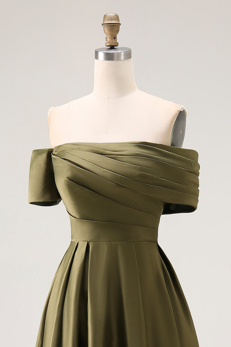 Load image into Gallery viewer, Off the Shoulder Olive Asymmetrical Satin Mother of the Bride Dress
