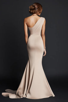 Elegant Khaki Ruched One Shouder Satin Long Formal Dress