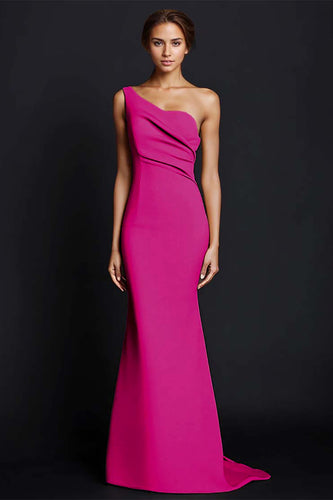 Elegant Fuchsia One Shouder Ruched Satin Long Formal Dress