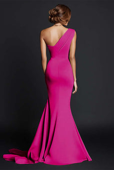 Elegant Fuchsia One Shouder Ruched Satin Long Formal Dress