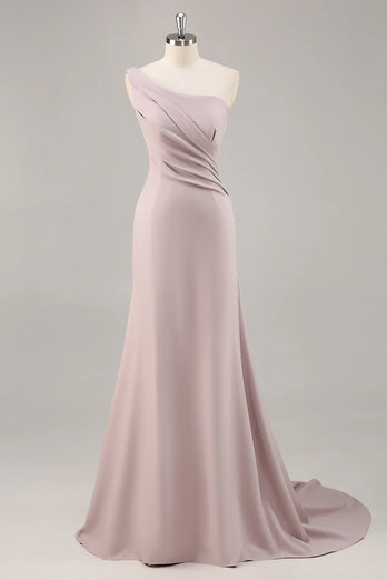Elegant Khaki Ruched One Shouder Satin Long Formal Dress