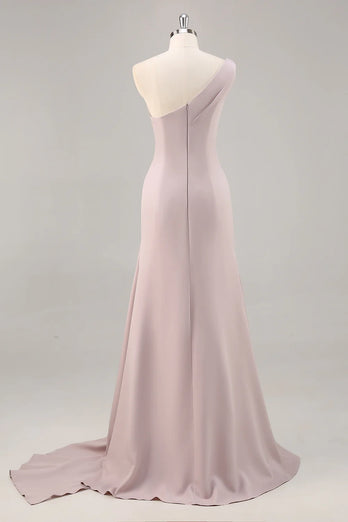 Elegant Khaki Ruched One Shouder Satin Long Formal Dress