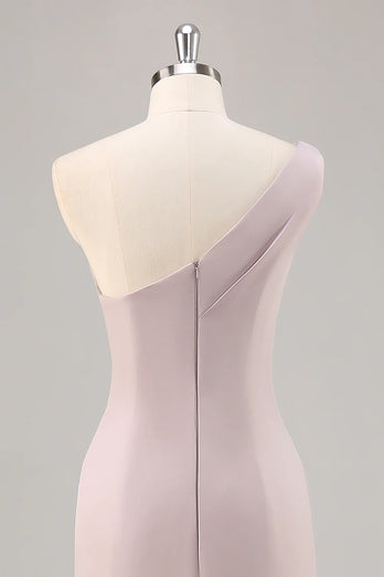 Elegant Khaki Ruched One Shouder Satin Long Formal Dress