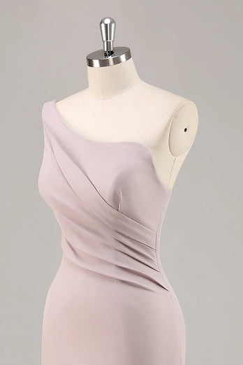 Elegant Khaki Ruched One Shouder Satin Long Formal Dress