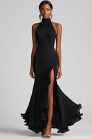 Load image into Gallery viewer, Women Elegant Black Formal Dress with Slit Sheath High Neck Ruffled Black Tie Dress