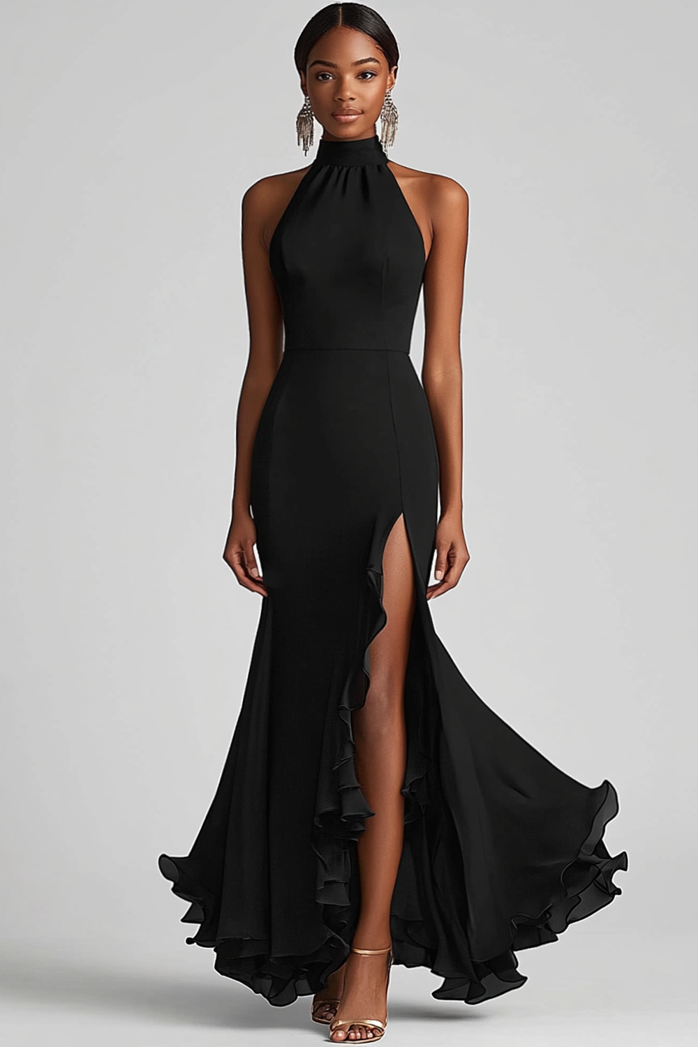 Women Elegant Black Formal Dress with Slit Sheath High Neck Ruffled Black Tie Dress