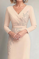 Load image into Gallery viewer, Beige V-Neck Appliqued Mother of the Bride Dress with Long Sleeves