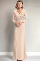 Load image into Gallery viewer, Beige V-Neck Appliqued Mother of the Bride Dress with Long Sleeves