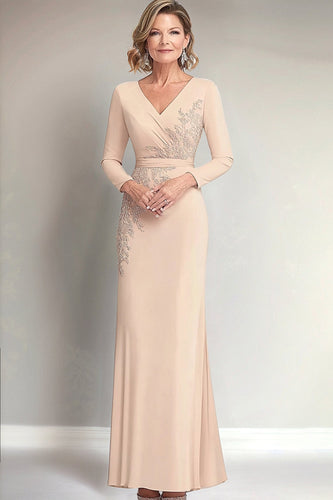 Beige V-Neck Appliqued Mother of the Bride Dress with Long Sleeves