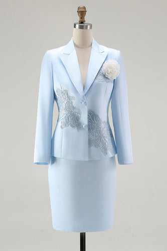 Elegant Blue V-Neck Knee Length Floral Mother of the Bride Dress