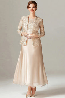 Floral Plus Size Chiffon Champagne Mother of the Bride Dress with Sparkly Jacket