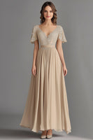 Load image into Gallery viewer, Champagne V-Neck Pleated Asymmetrical Mother of the Bride Dress with Lace