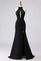 Load image into Gallery viewer, Black Mermaid High Neck Keyhole Satin Long Formal Dress with Slit
