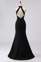 Load image into Gallery viewer, Black Mermaid High Neck Keyhole Satin Long Formal Dress with Slit
