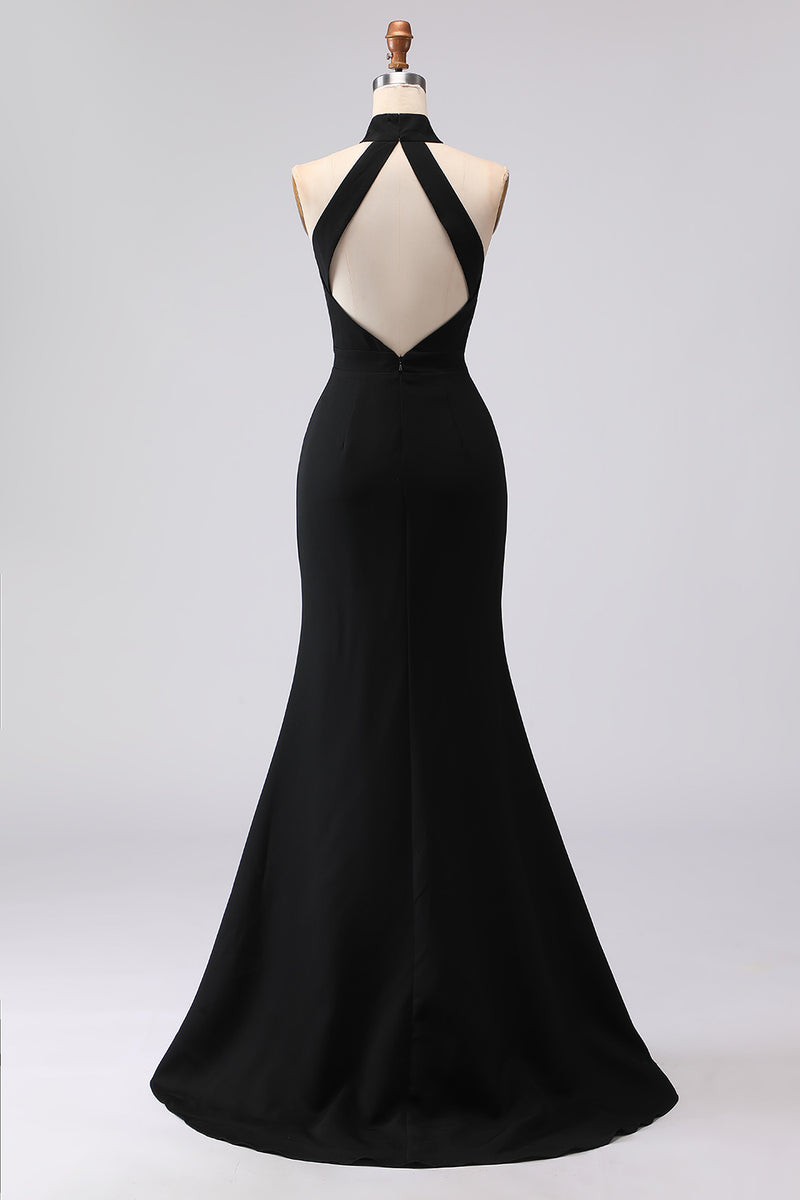 Load image into Gallery viewer, Black Mermaid High Neck Keyhole Satin Long Formal Dress with Slit
