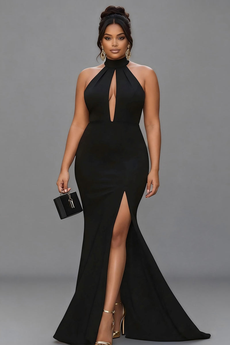 Load image into Gallery viewer, Black Mermaid High Neck Keyhole Satin Long Formal Dress with Slit
