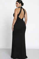Load image into Gallery viewer, Black Mermaid High Neck Keyhole Satin Long Formal Dress with Slit
