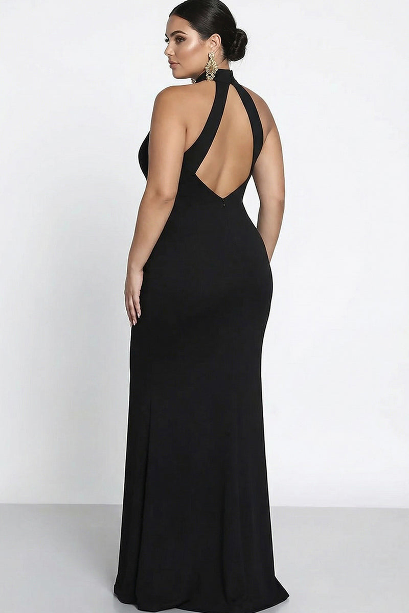 Load image into Gallery viewer, Black Mermaid High Neck Keyhole Satin Long Formal Dress with Slit