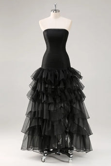 Women Eucalyptus Tulle Long Formal Dress with Slit A Line Strapless Tiered Black Tie Dress