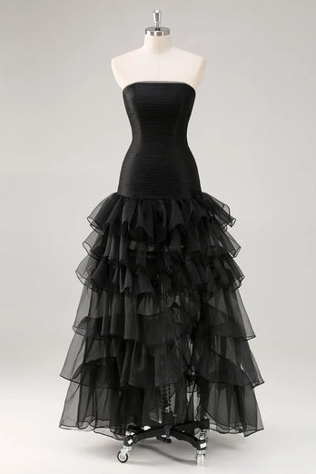 Black Strapless Tulle Tiered Long Formal Dress