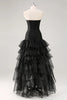 Load image into Gallery viewer, Black Strapless Tulle Tiered Long Formal Dress