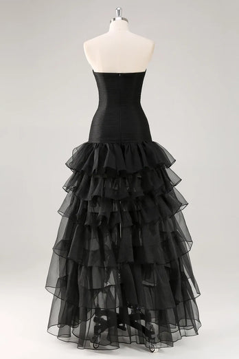 Black Strapless Tulle Tiered Long Formal Dress