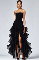 Load image into Gallery viewer, Women Black Tulle Long Formal Dress with Slit A Line Strapless Tiered Black Tie Dress
