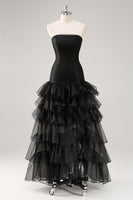 Load image into Gallery viewer, Elegant Black Strapless Tiered Maxi Organza Formal Dress with Slit