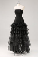 Load image into Gallery viewer, Elegant Black Strapless Tiered Maxi Organza Formal Dress with Slit