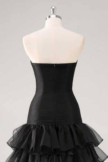 Elegant Black Strapless Tiered Long Tulle Formal Dress with Slit
